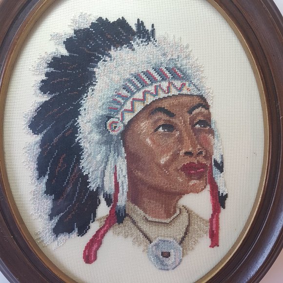 Vintage Petit Point Framed Artwork Indigenous Native American Man Woman Canadian - Picture 4 of 16